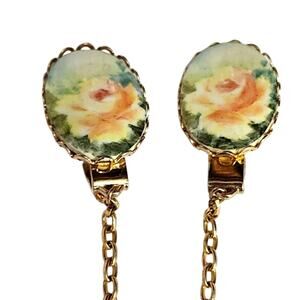 Vtg Hand Painted Porcelain Rose  Sweater Clips